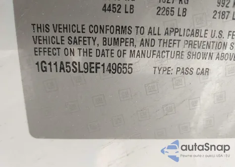 2014 Chevrolet Malibu 1Fl z USA, uszkodzony, nr VIN 1G11A5SL9EF149655